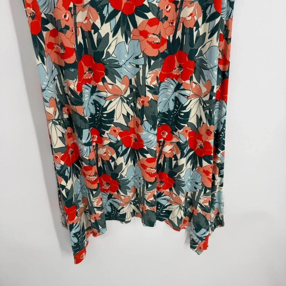 C&C California 2X Midi Maxi Dress Orange Green Tropical Handkerchief Hem Stretch